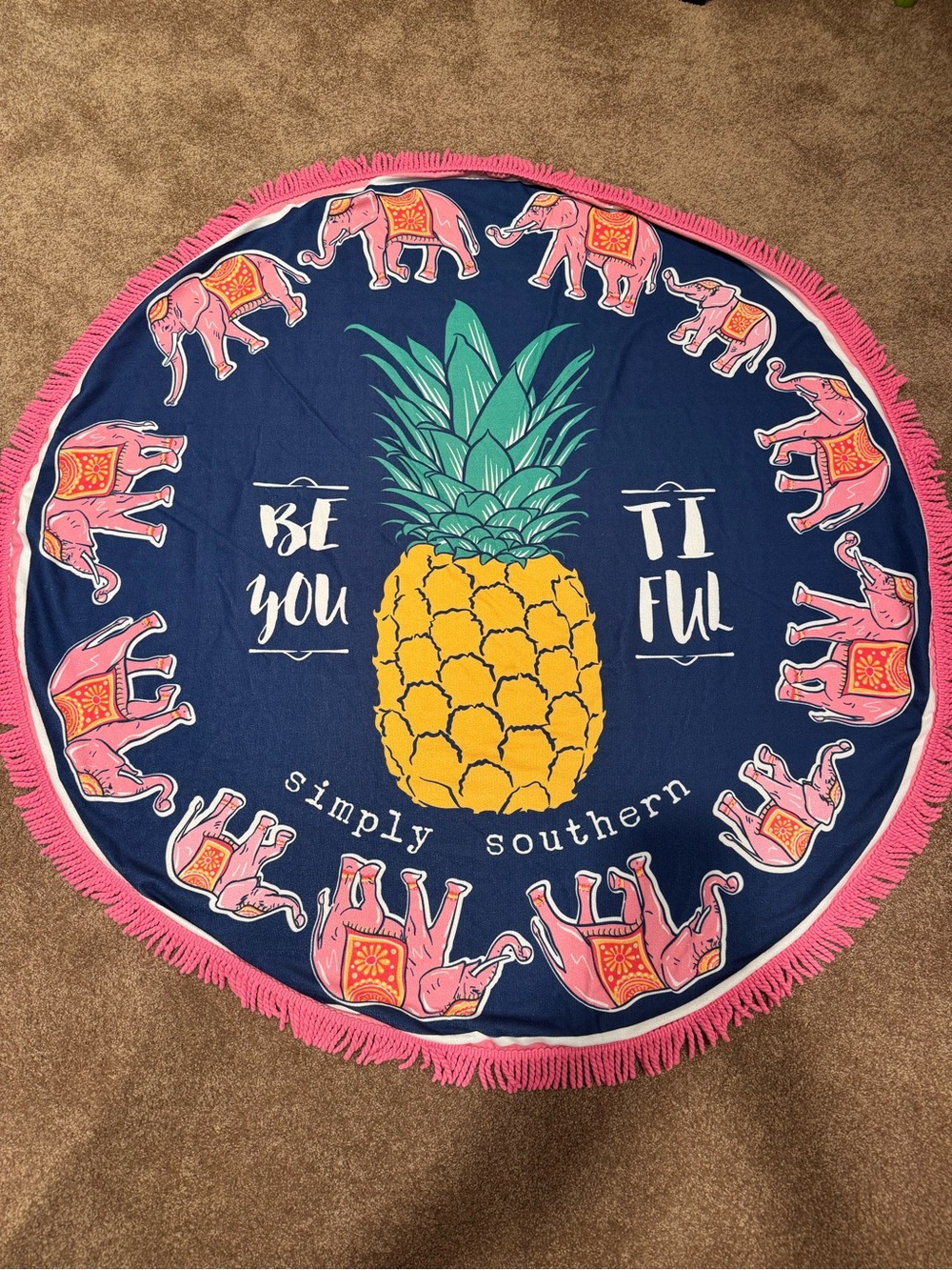 Simply Southern Navy Round Towel with Pineapple Elephants and Pink Fringe